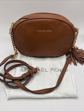 Michael Kors Brown Jet Set Oval Camera Tassel Crossbody with Gold-tone